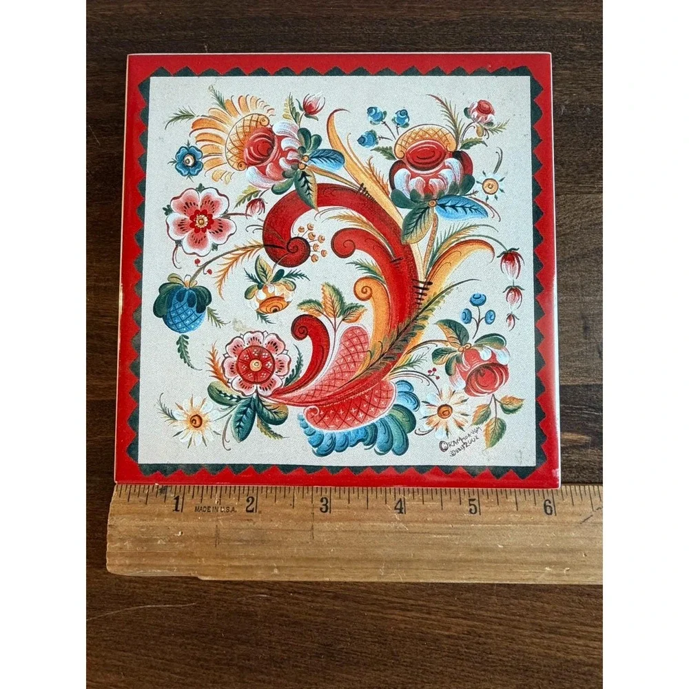 OS Rosemaling Gayle Oram Ceramic Trivet Wall Hanging Cork Backing